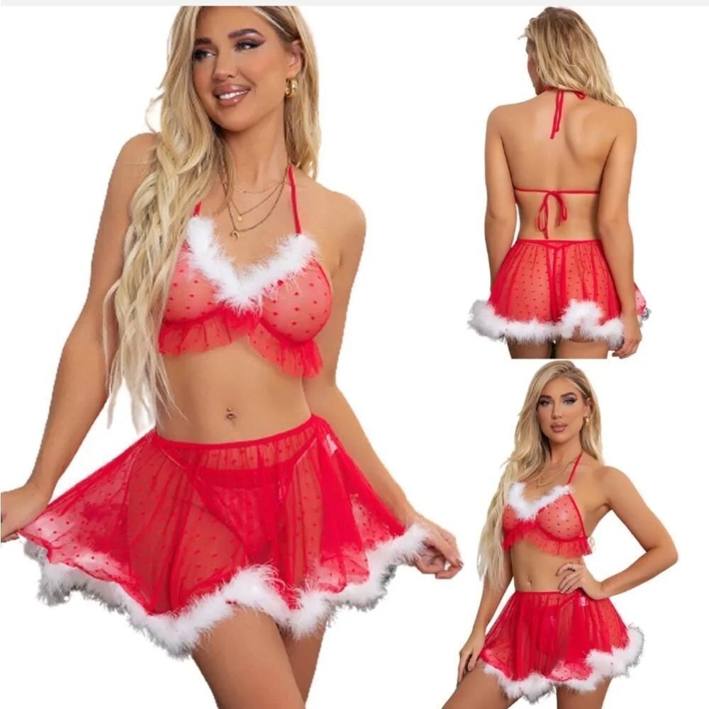 Christmas Sleepwear Sexy Women Xmas Lingerie Santa Bra and Panty Lace Babydoll